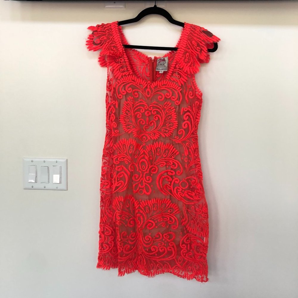 Yoana Baraschi Neon Coral Silk Embroidered Dress - Size 6